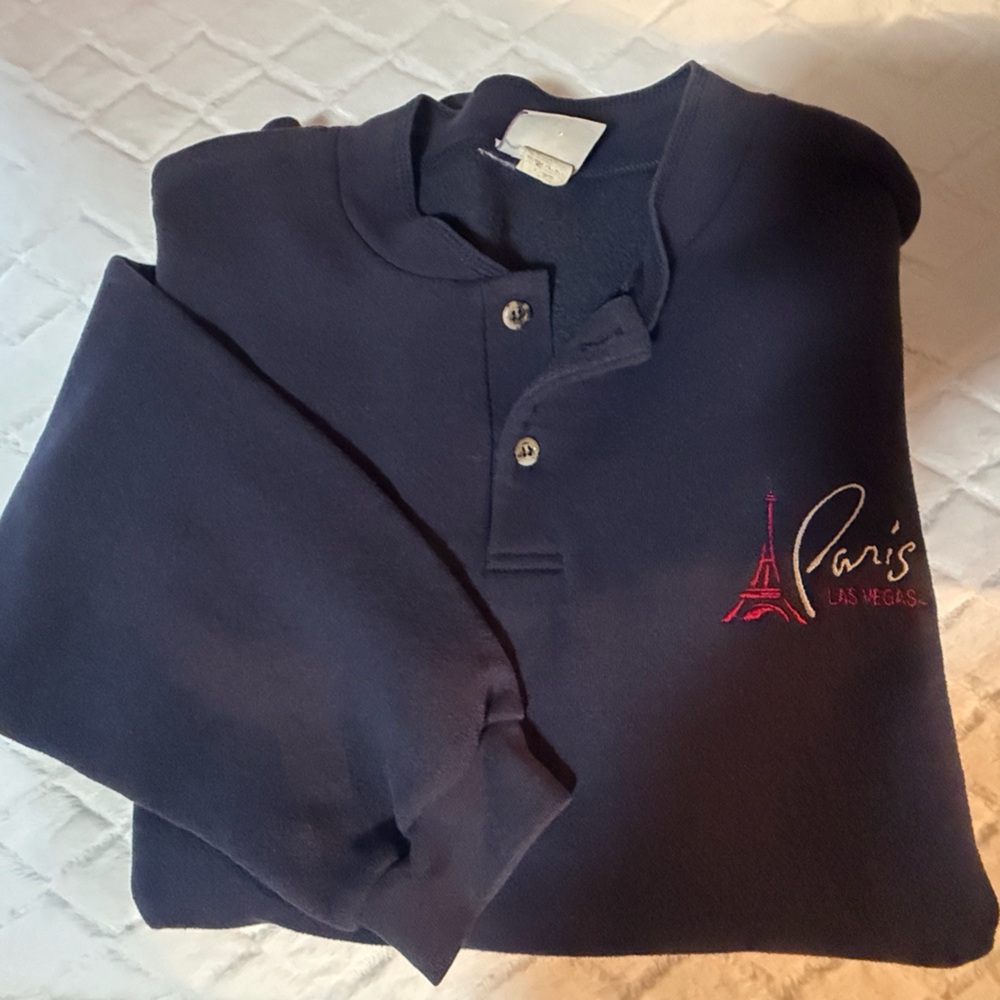 Vintage Navy Blue Polo Shirt with Eiffel Tower Embroidery
